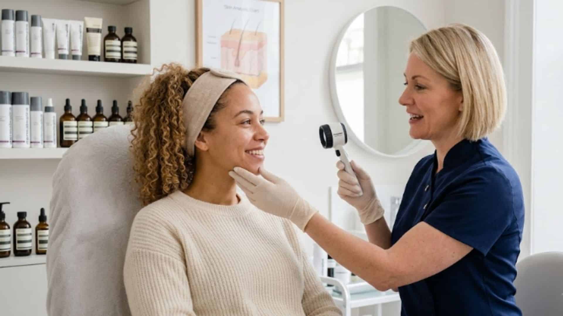 Woman smiling while receiving a facial consultation from a professional.