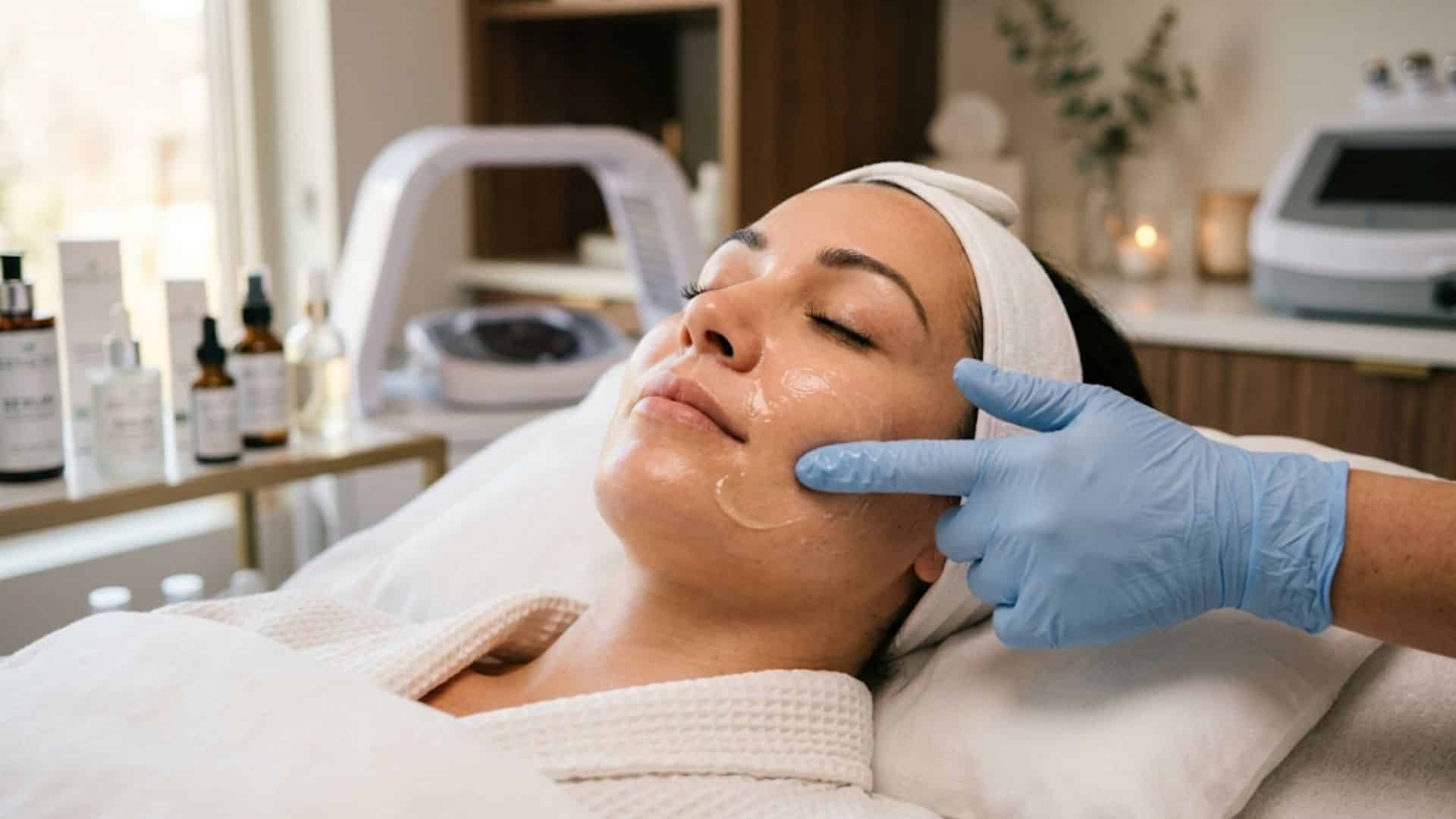 Woman receiving glowing skin treatment at BeautyBrew Med Spa.