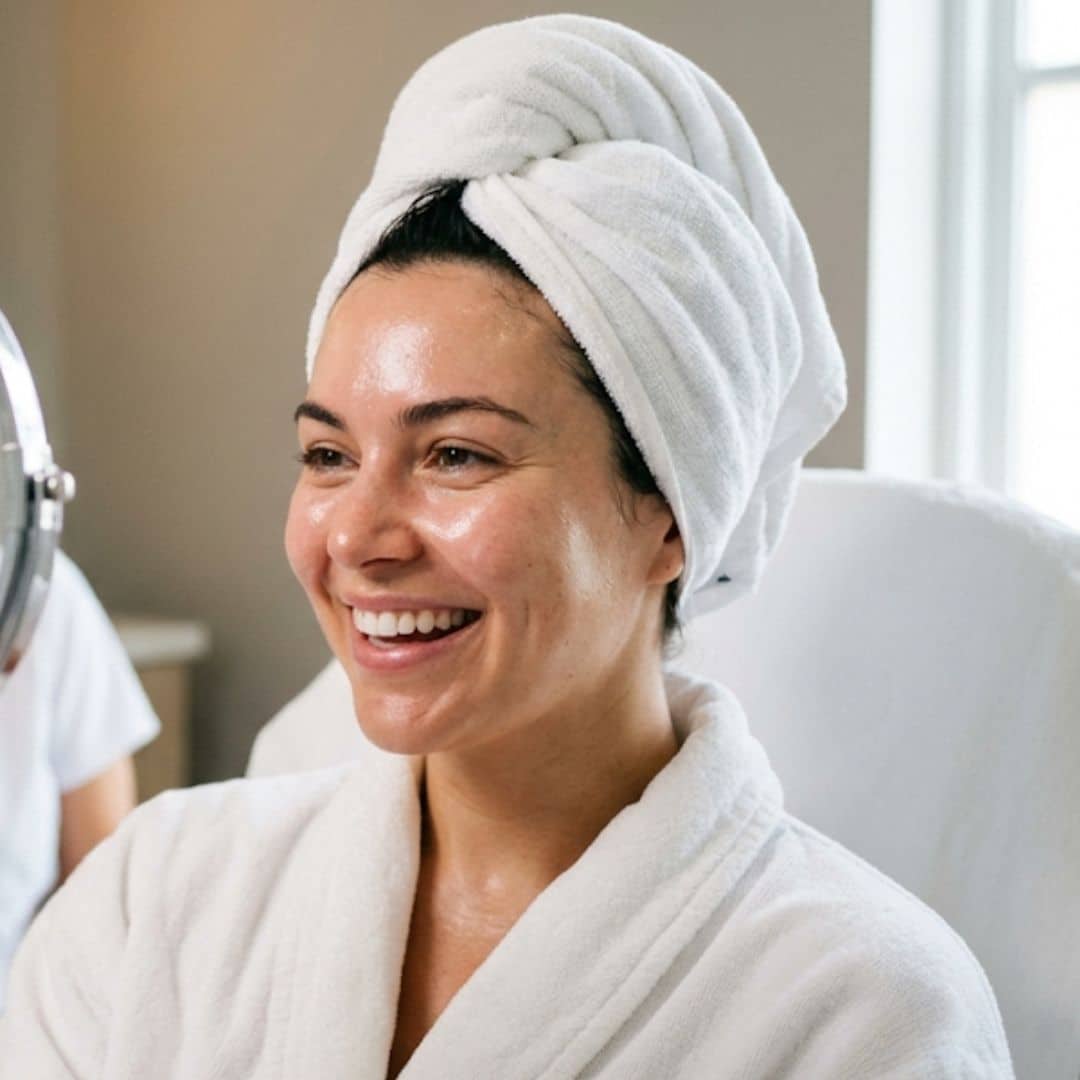 Client admiring dewy glow after HydraFacial treatment.
