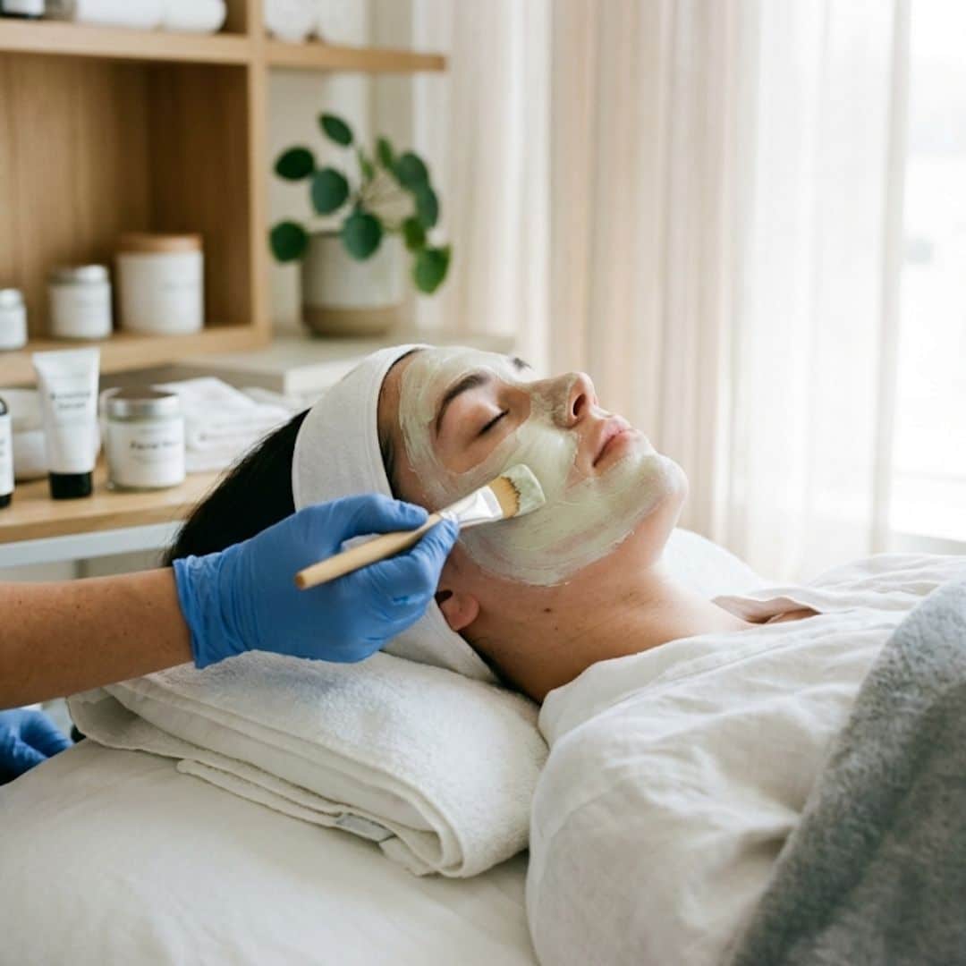 Master esthetician applies corrective facial mask with brush