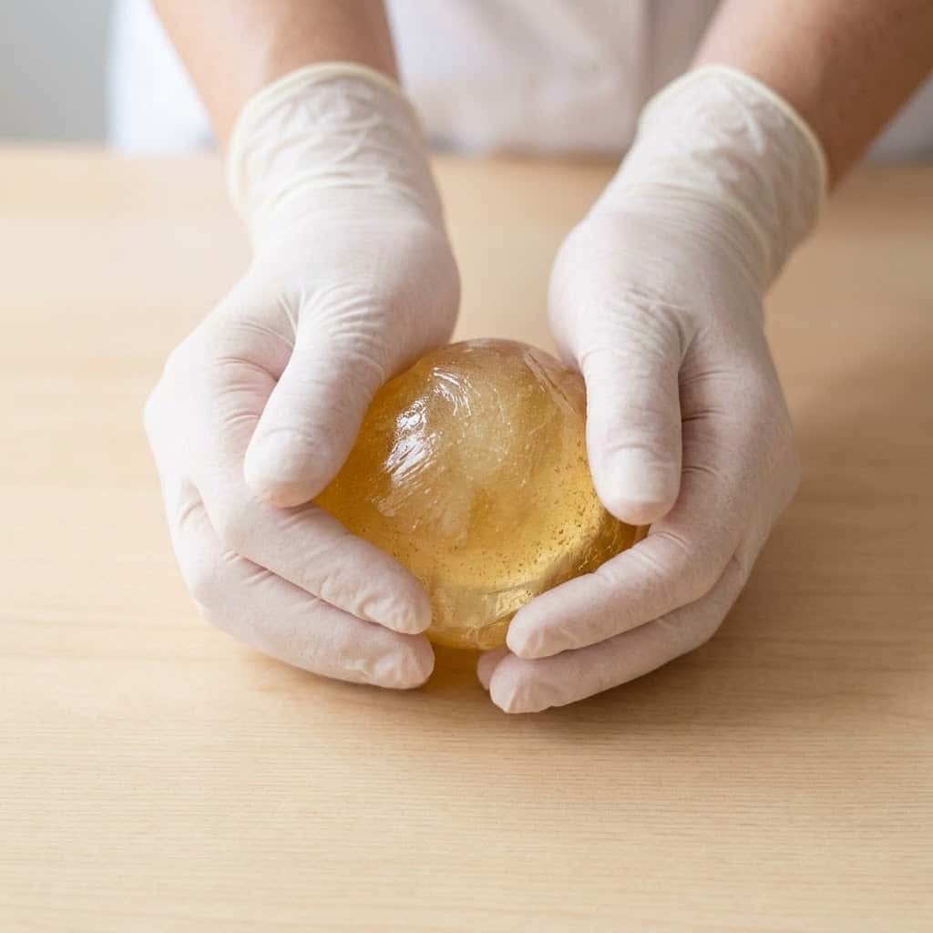 An esthetician's gloved hands carefully prepare a ball of golden organic sugar paste for hair removal.