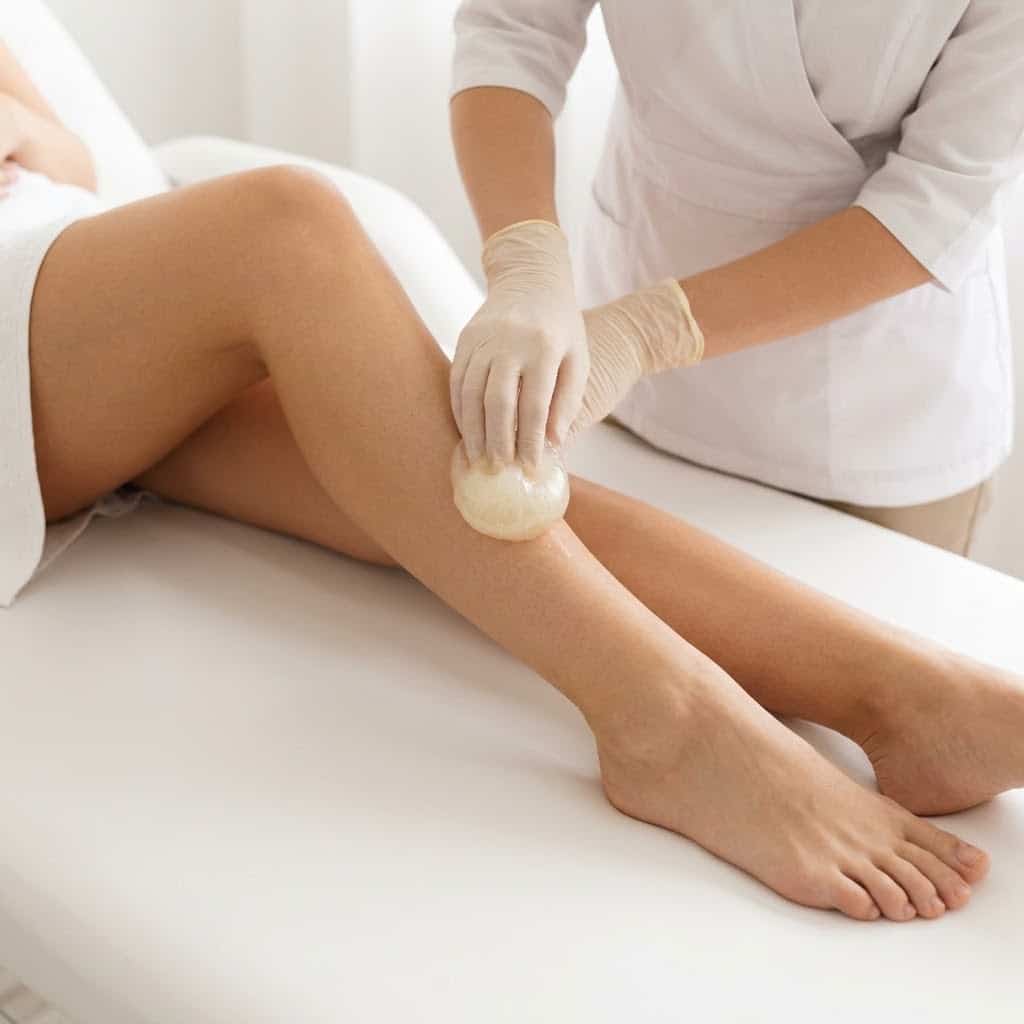 An esthetician gently applies natural sugar paste to a relaxed client's lower leg in a brightly lit spa room.
