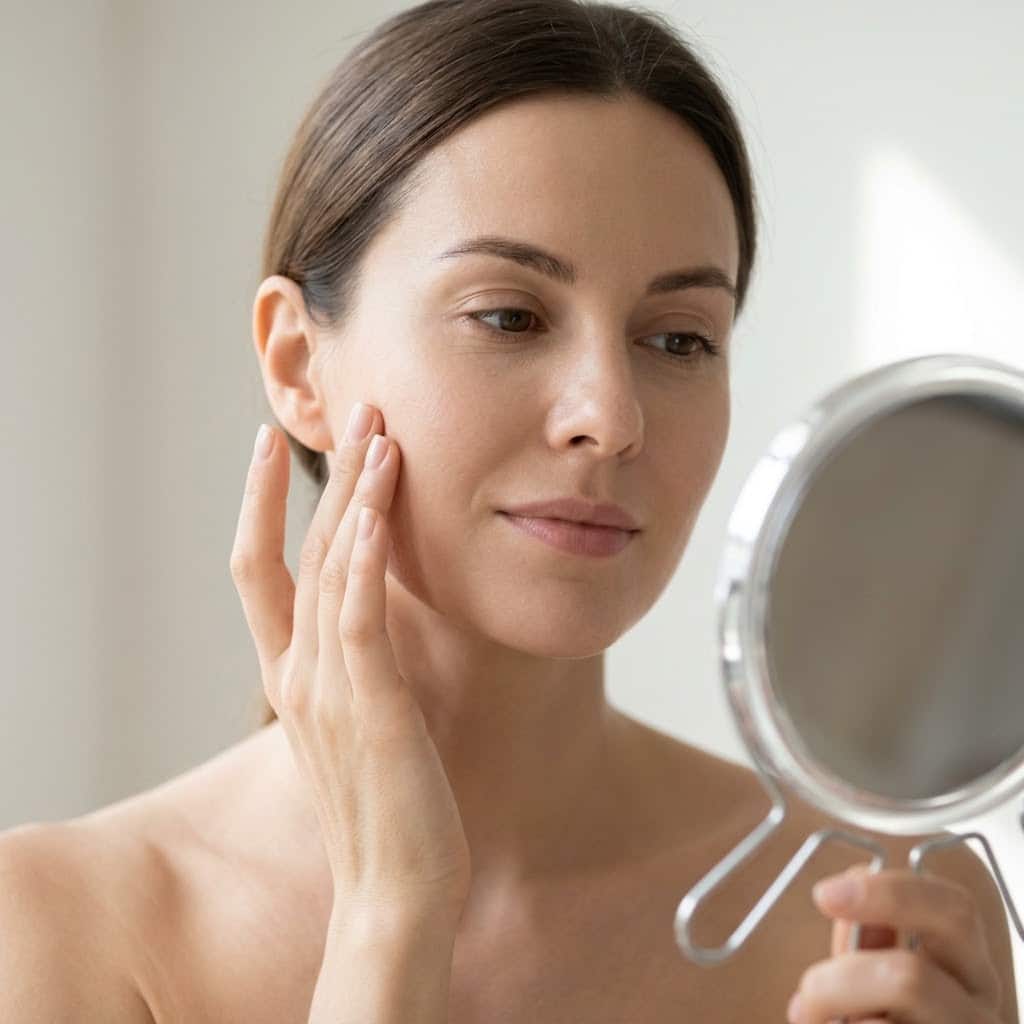A woman smiles contentedly while admiring her calm, clear skin in a handheld mirror after a skincare treatment.